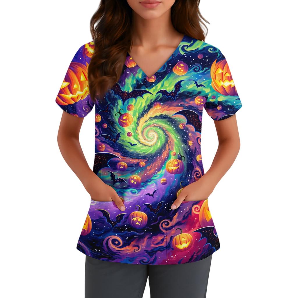 Women V Neck Short Sleeve Work Shirt with Pocket Halloween Printed Top for Nurse Healthcare Uniform Scrub Top