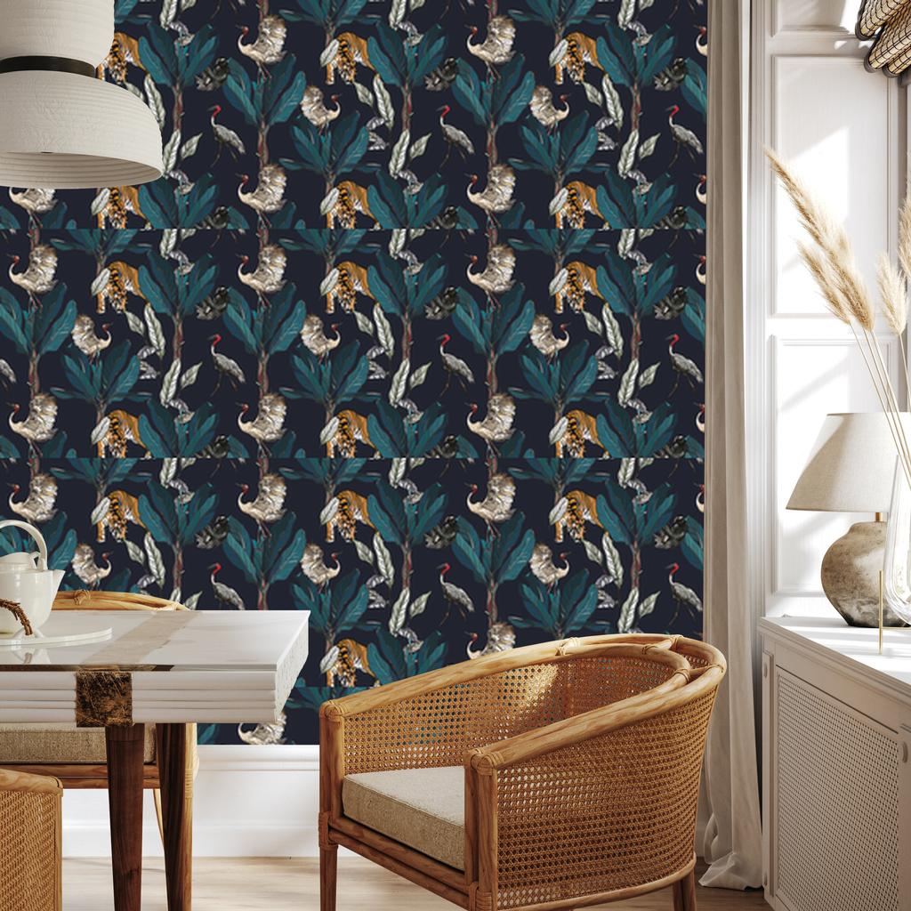 Tigers, Cranes and Sloths Wallpaper for Living Room and Bedroom 50x1000