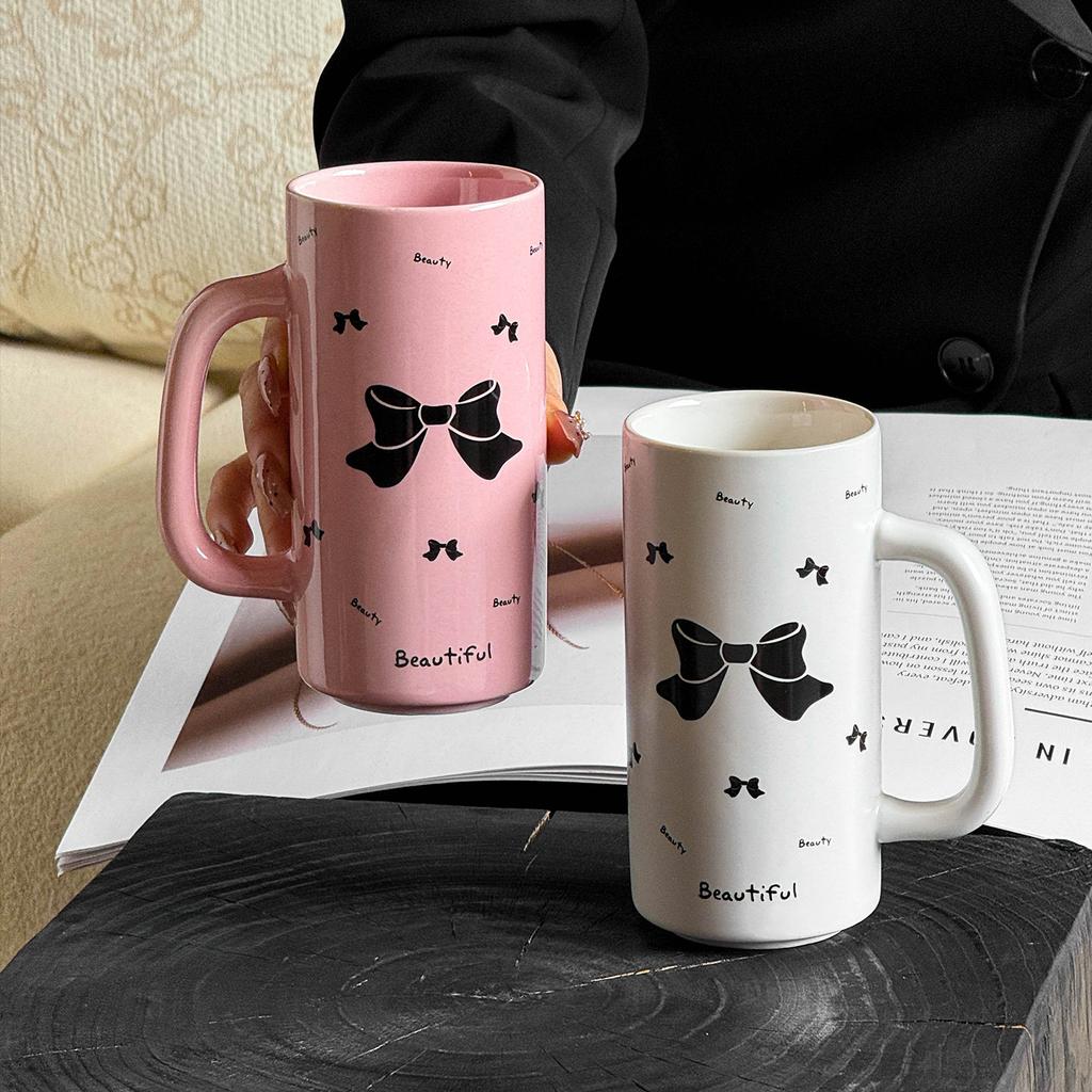 Bow Ceramic Straight Cup Office Gift Gift Cup for Best Friend with High Appearance Cup for Girls Household Water Cup