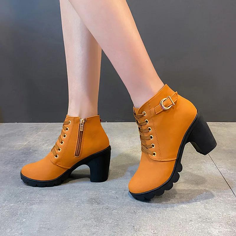 Fashion Women Boots Lace Up Ankle Boots Spring Fashion Outdoor Pumps Boots Black Buckle High Heel Boot Plus Size Platform Women Shoes