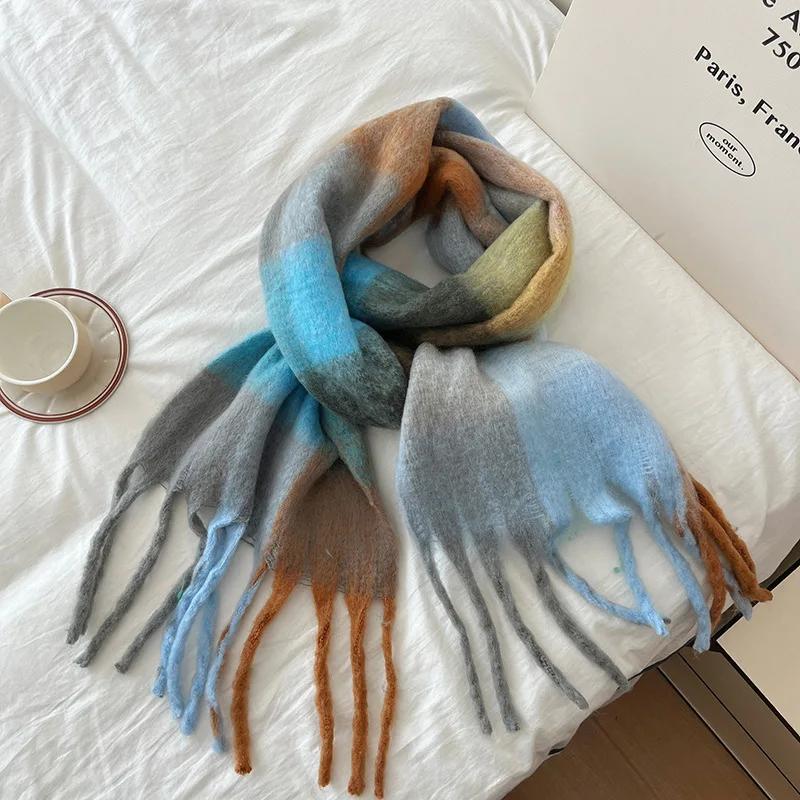 

New Fashion Design Muffler Female Fairy Powder Gradual Change Tassel Mohair Scarf Women Winter Thermal Imitation Cashmere Scarf 240-40cm