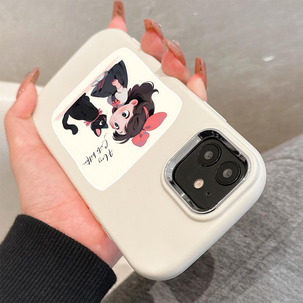 For iPhone 15 14 13 11ProMax 14 15 16 Samsung S25 S24 S23 S22 Redmi 10 13 14C Cartoon Black Cat Silver Edge Soft Liquid Silicone Protective Casing