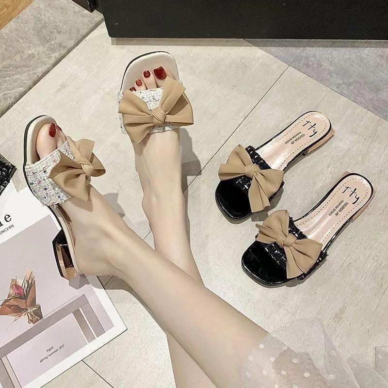 2025 New Low-heeled Cool Slippers Women Wear Bows Internet Celebrities Thick Heel Summer One-word Drag Fashion Versatile Sandals