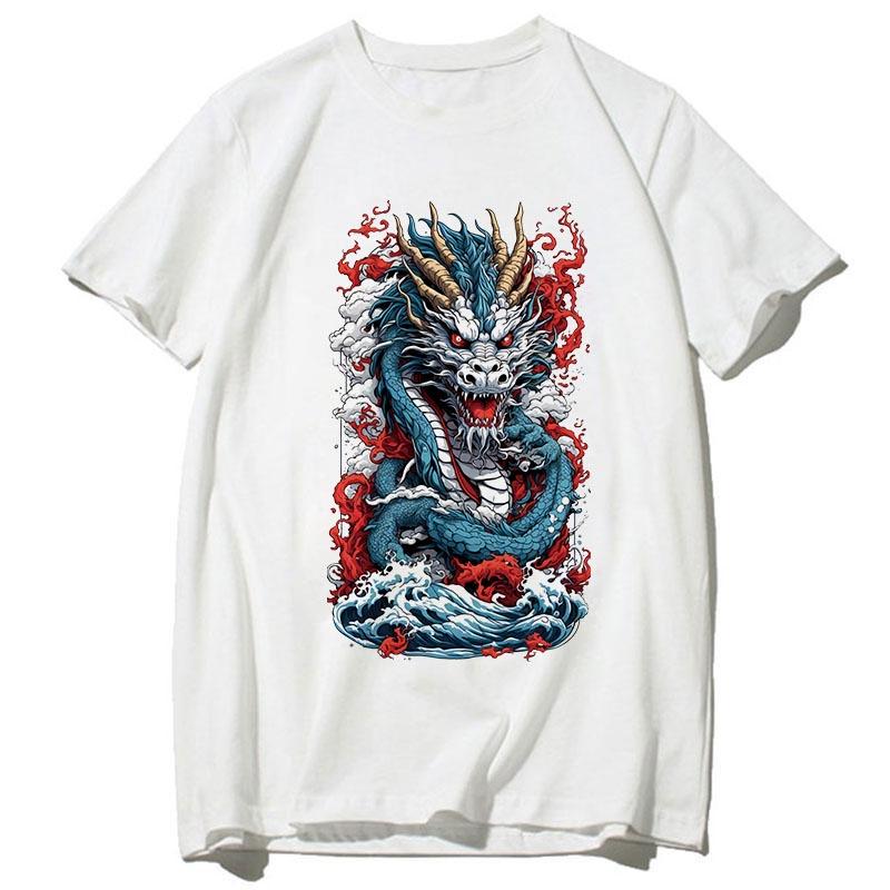 Men's Clothes Dragon Printed Summer Blouse Cotton T-Shirts Male Tee Tops