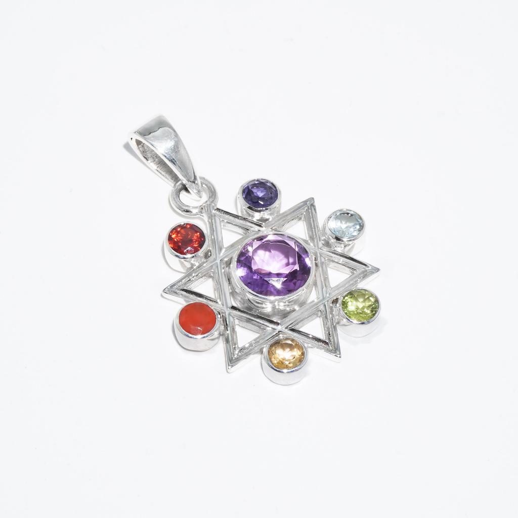 Star Chakra Pendant: 925 Sterling Silver Multi-Gemstone Healing Jewelry