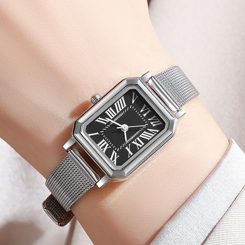 Retro small square plate temperament student watch niche high-end metal mesh belt watch women's quartz watch