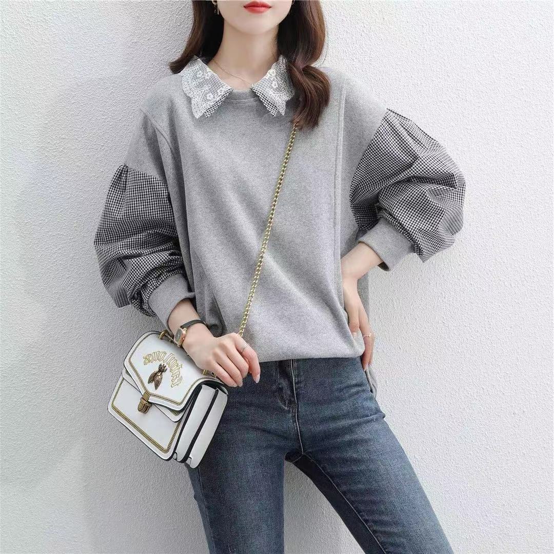 Новая женская толстовка, модный хлопок, весна-осень, тонкий кукольный воротник, поддельный двухсекционный свободный свитшот с длинным рукавом XXL