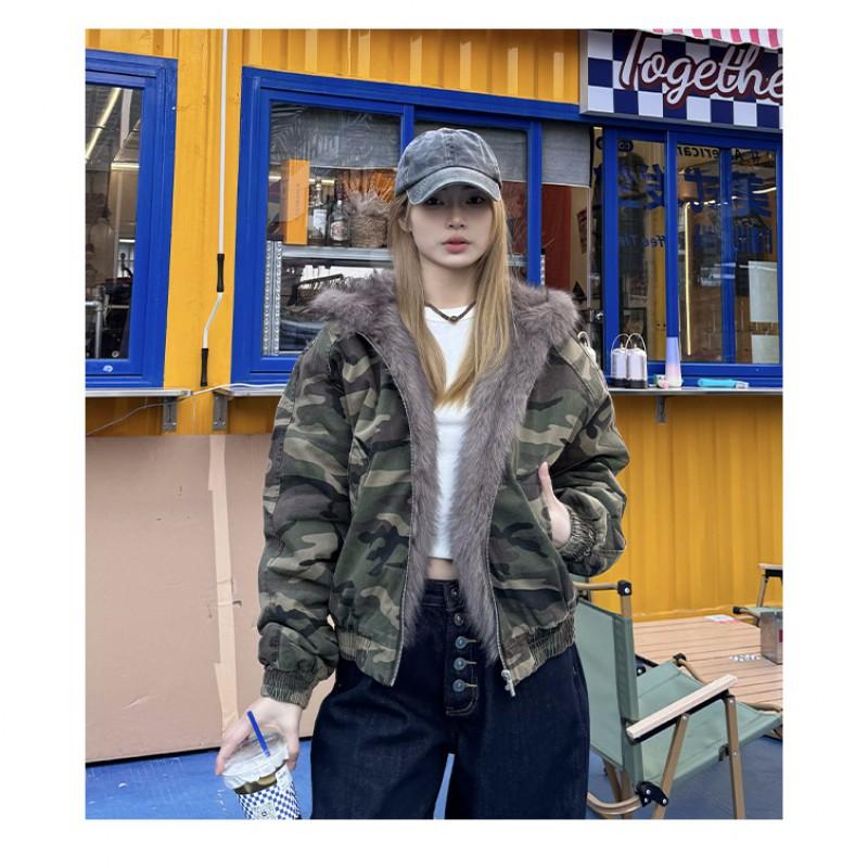 Mens Vintage Camo Hooded Jacket Thick Warm Loose Fit Streetwear Winter