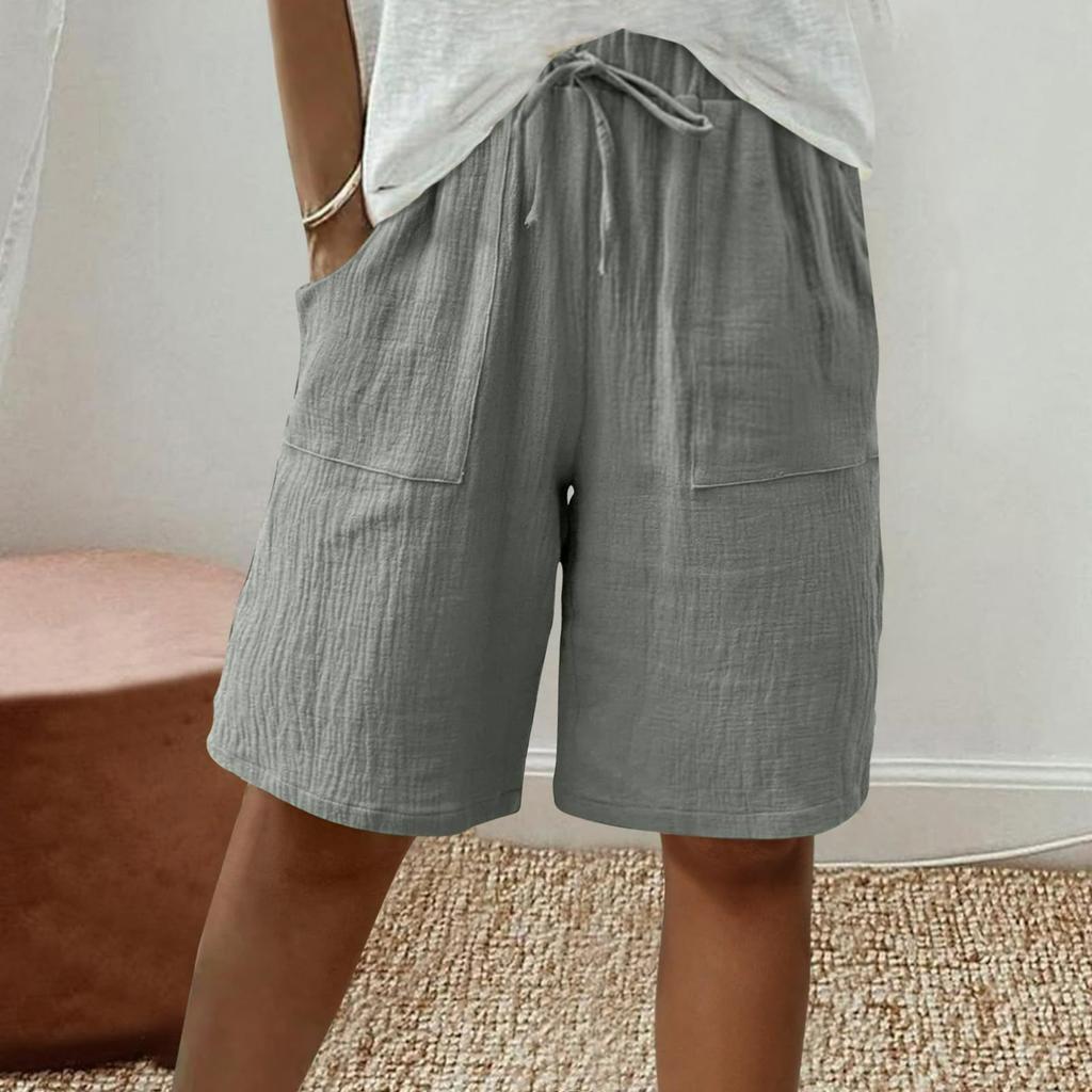 Women's Summer Cotton and Linen Solid Color Straps Loose Casual Five-point Shorts