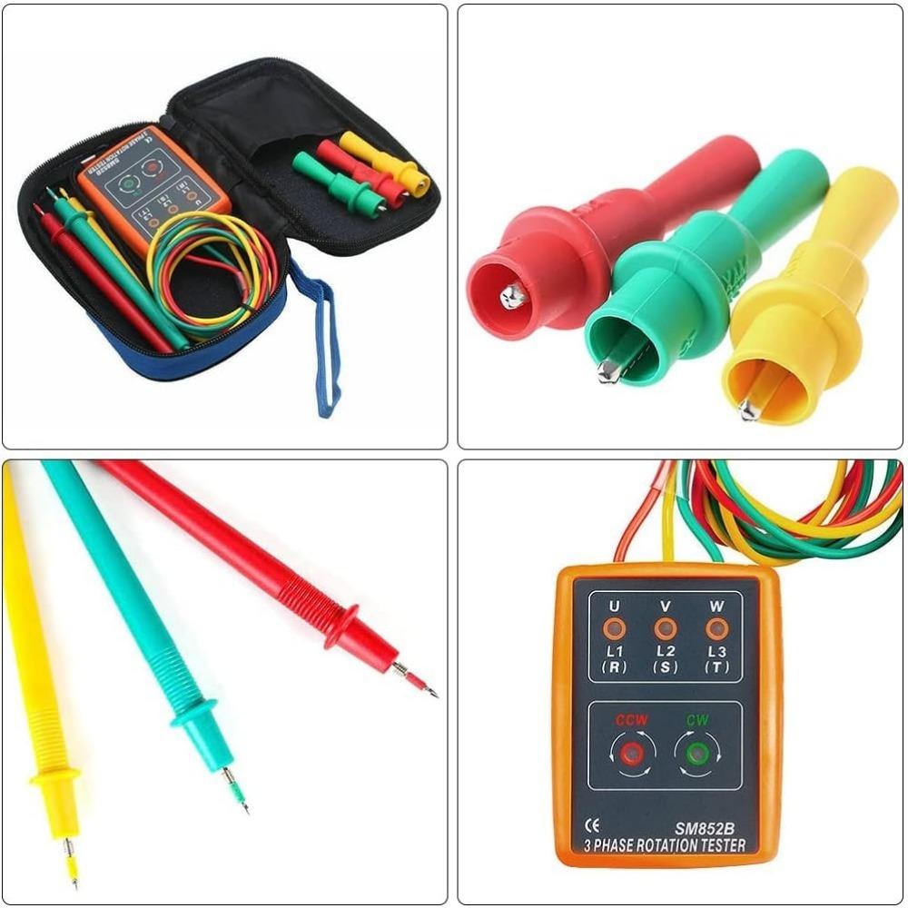 Phase Tester Rotation Field Meter AC60V~600V, 3 Sequence Presence Tester Indicator Detector Meter with Crocodile Clips and Buzzer Tester High Voltage