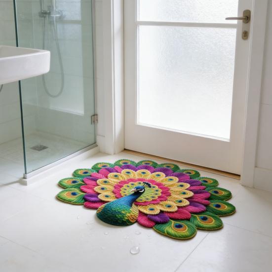 Tapete de Chão Estampa Pavão 3D Macio Antiderrapante Decorativo Tapete Casa Sala de Estar Quarto Porta Fácil de Limpar Carpete