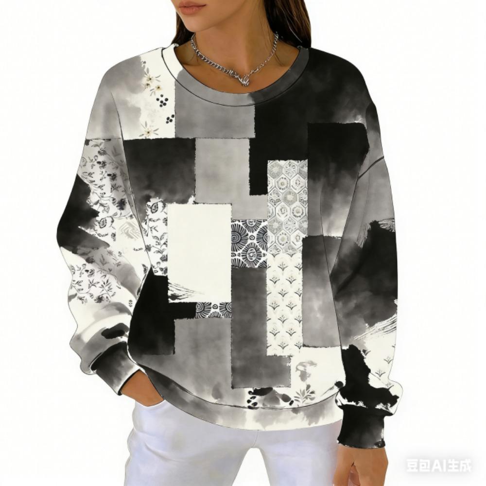 אופנת אביב שילוב צבעים חולצת טי לנשים קז'ואל הדפס וינטג' פולאובר לנשים בגדי שרוול ארוך קז'ואל בחוץ חולצות טי עליון