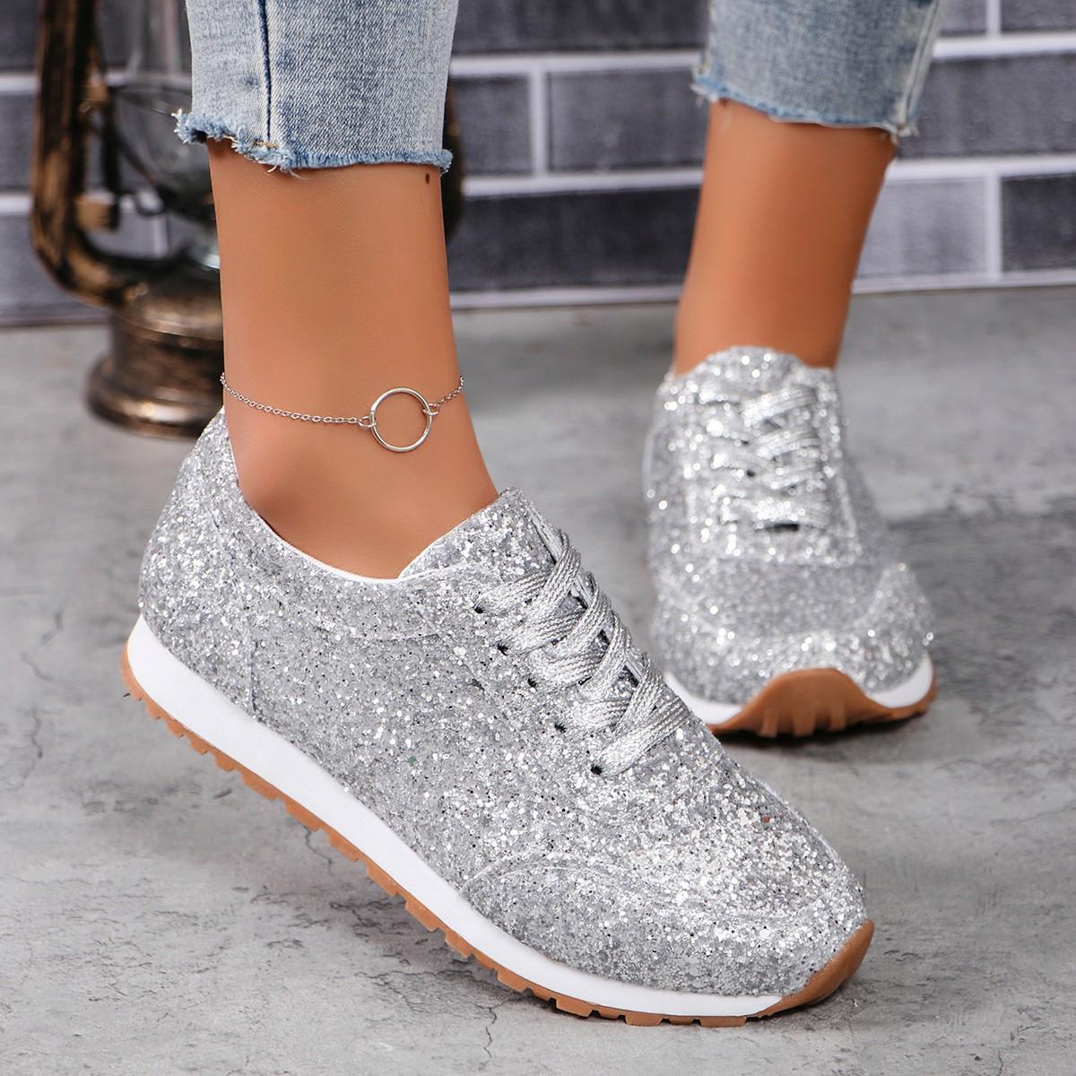 

Women s Plus Size Sequin Lace-up Casual Sneakers - 2025 European & American Style 43 срібний