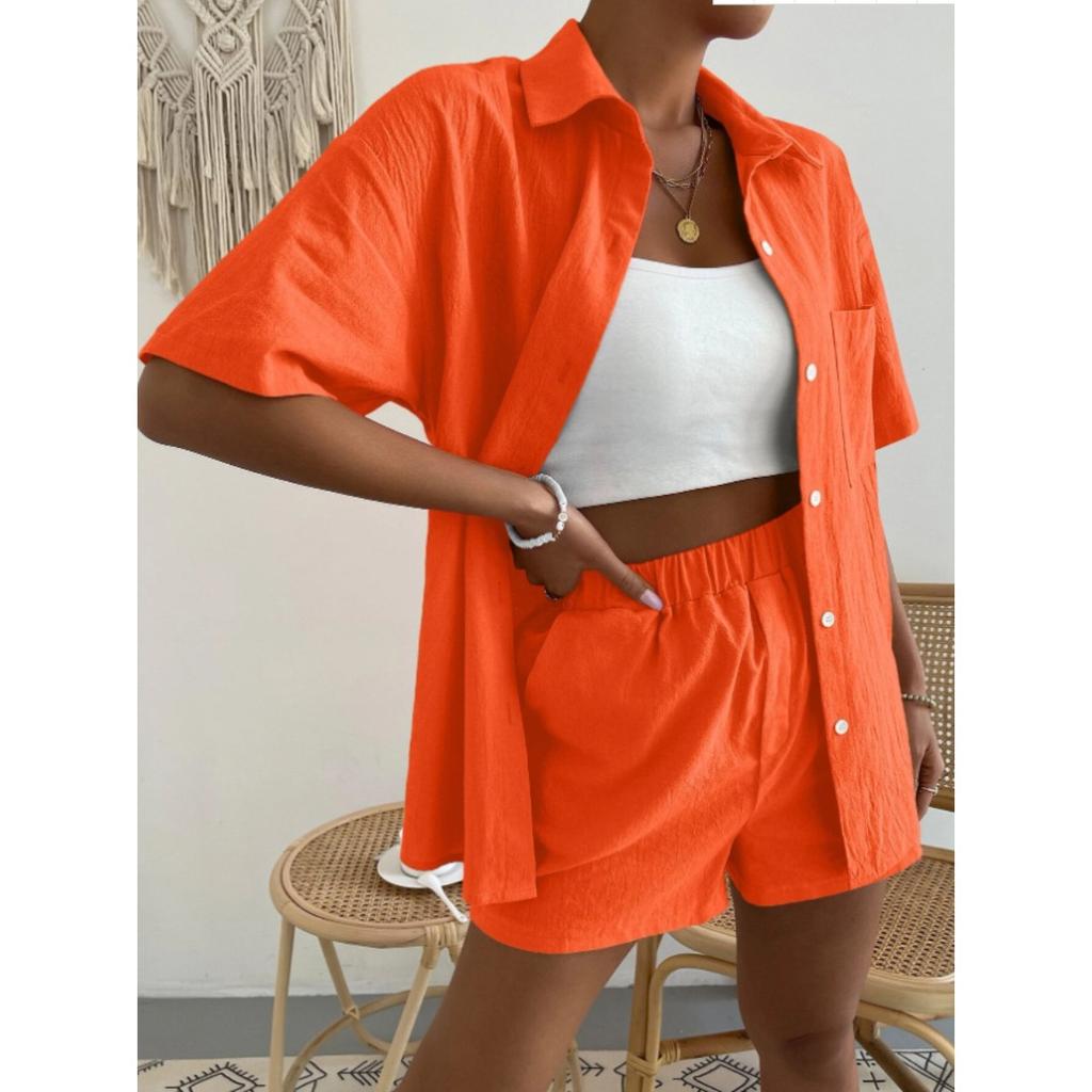Completo Due Pezzi Donna: Camicia a Bottoni Manica Corta Vestibilità Larga e Pantaloncini a Vita Elastica