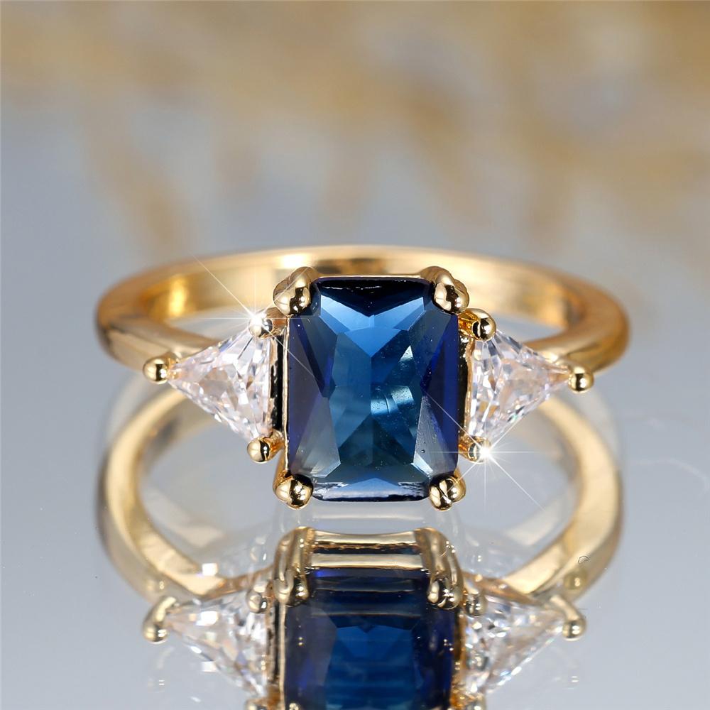 

Luxury Crystal Blue Zircon Stone Square Rings For Women Vintage Gold Color Wedding Band Bridal Engagement Gift 5 синій