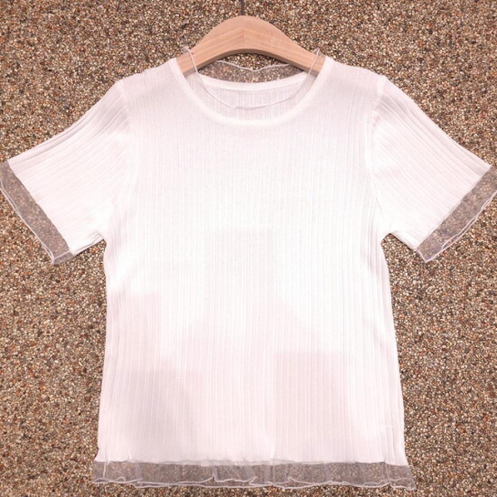 Shop Women Round Hem Lace Rib KniT ShorT Sleeve T shirT whiTe 21ds Wkn 5247
