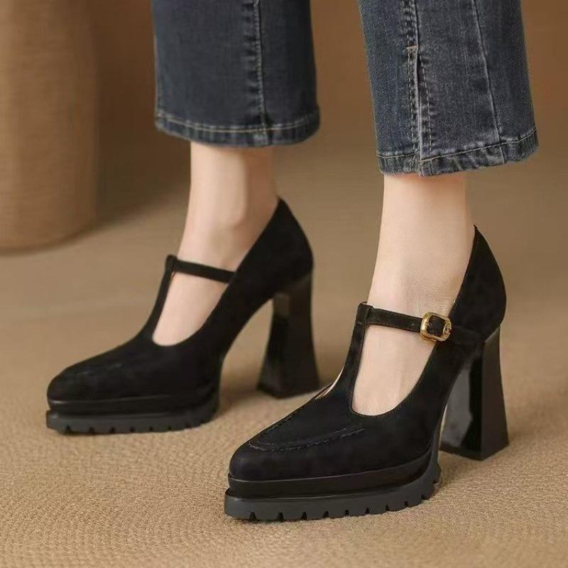 Fashion High-heeled Single Shoes Fashion New Pointed Toe Suede Slip Strap Platform Non-slip Block Heel Shoes