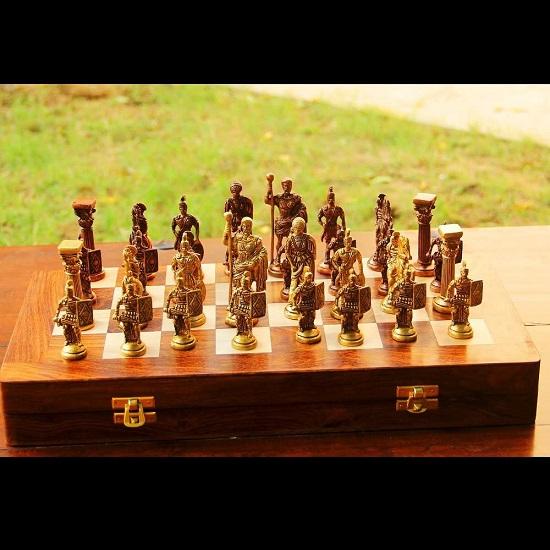 Brass Roman Chess Set with Wooden Board