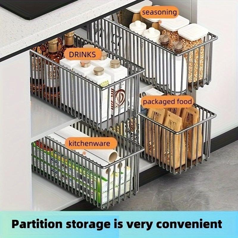 Pull Out Kitchen Storage Basket with Rails Carbon Steel Rustproof Pantry Organizer Cabinet Organizer Rack for Under Sink Estante