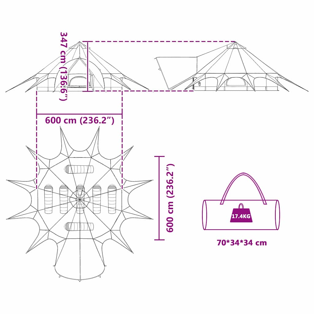 Teepee Tent for 7 People Green and Grey 600 X 600 X 347 Cm