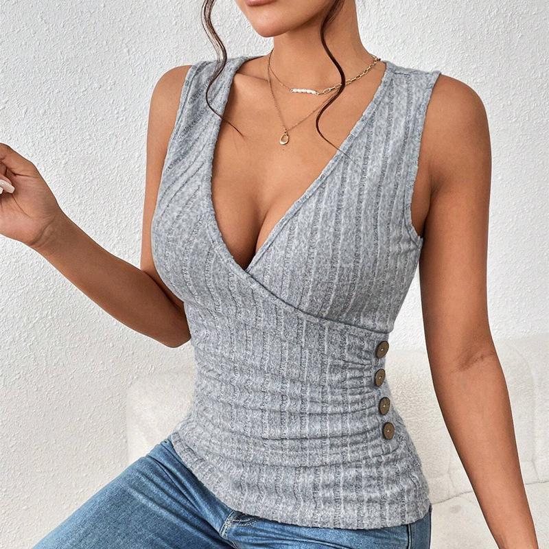 2024 Summer Women's V-neck Button Casual Tank Top - European & American Fashion