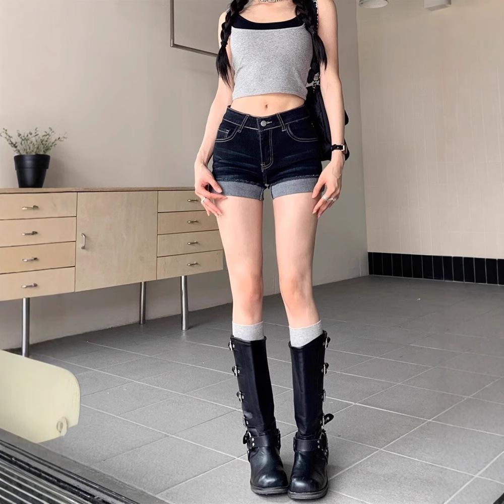 Women's High-Waist Dark Blue Denim Shorts - Sexy, Hip-Hugging A-Line with Rolled Edges for Summer