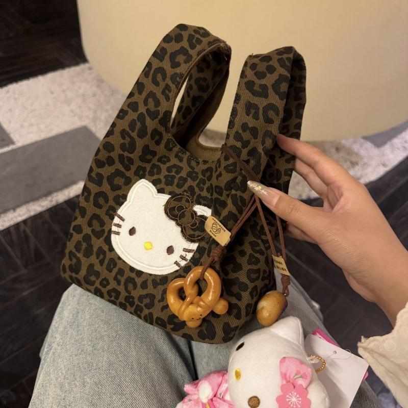 

Cute Hello Kitty Leopard Print Handbag Personalized Versatile Handbag Portable High Value Cartoon Storage Bag Canvas Bag