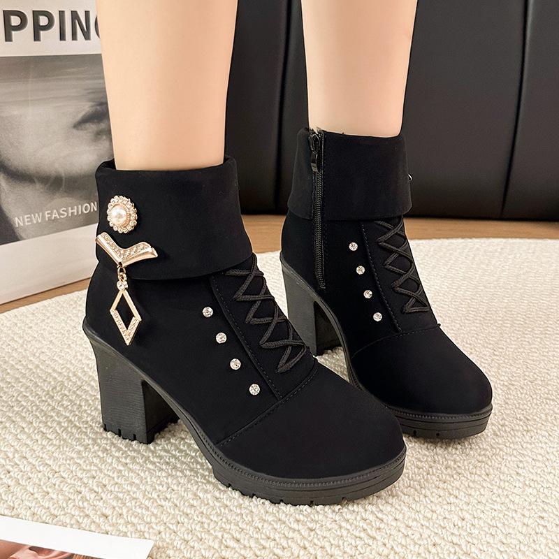 European And American Women'S Shoes Rhinestone Large Size Thick Heel High Heel Women'S Boots Autumn Round Head Short Martin Boots Women