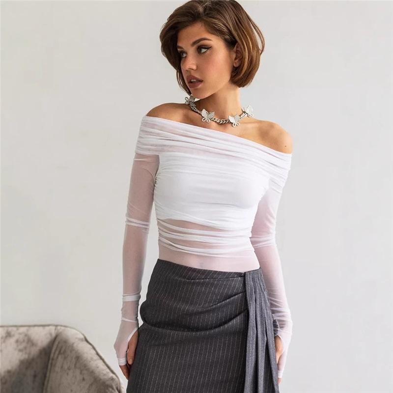 Tooxika Spring And Autumn Women's New Solid Color Slim Fashion One-shoulder Neck Mesh Long-sleeved Top