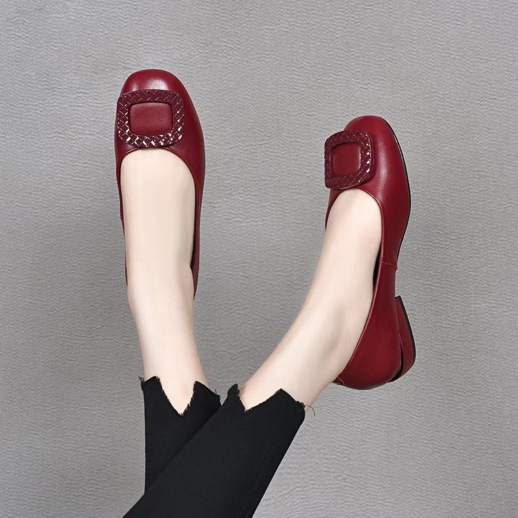 Low Heel Shallow Mouth Single Shoes Women's Spring and Autumn New Thick Heel Soft Sole Comfortable Square Head Women's Leather Shoes Women