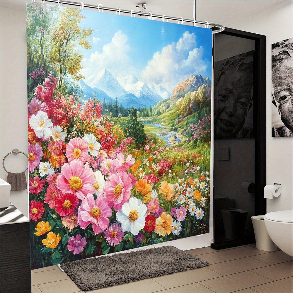 

Scenic Mountain Landscape with Blooming Flowers Waterproof Shower Curtain for Modern Bathroom Decor, Perfect for Home Use W90XH180cm