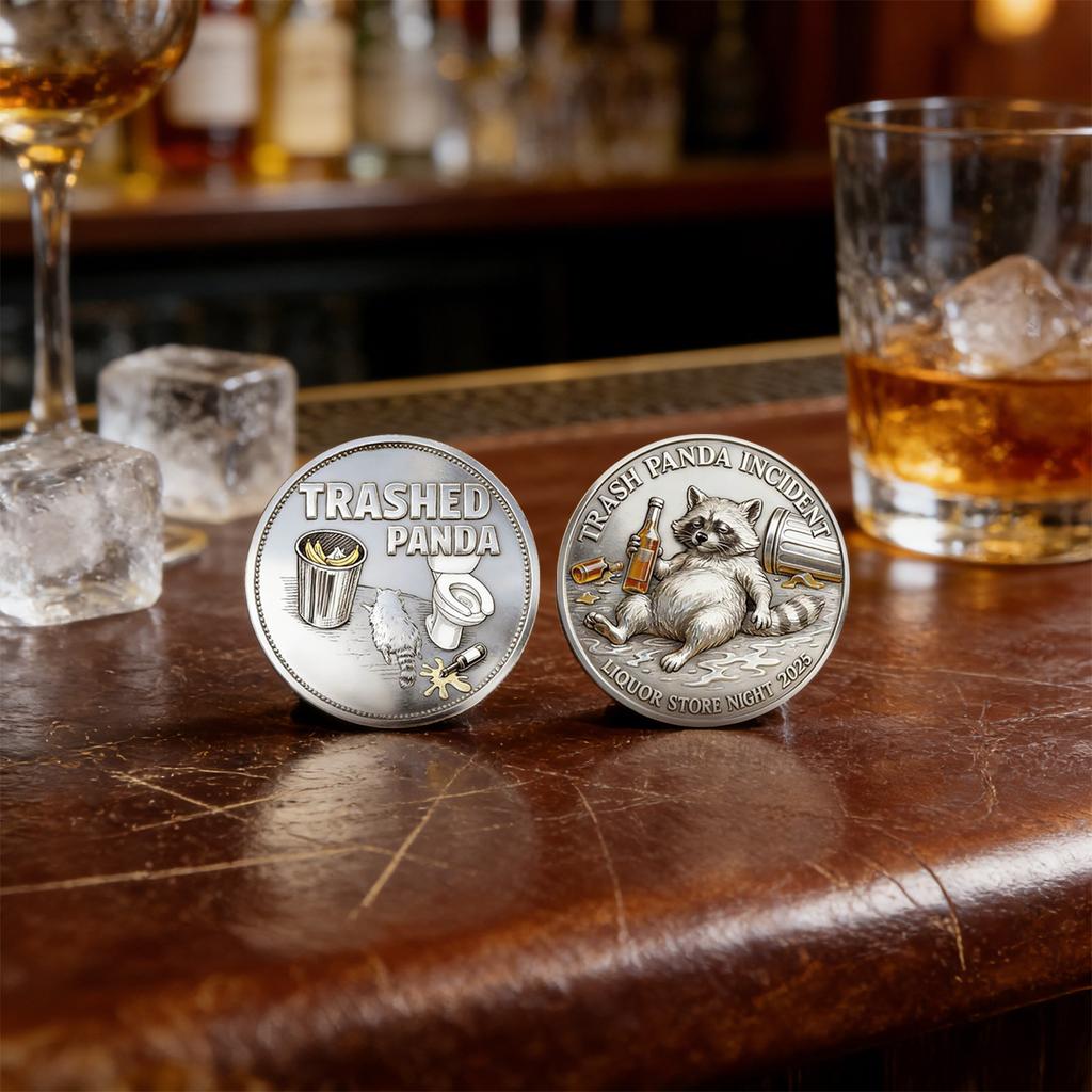 Mince s tématem zničeného incidentu, Vtipná mince s mývalem pijícím, Sběratelská mince pitné výzvy, Bar, Nový dárek pro přátele, Bar