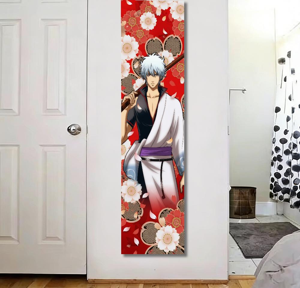 Vertical Tapestry Japanese Anime Style Silver Hair Samurai Wall Hanging Flat Print for Bedroom Dorm Decor Red Floral Art