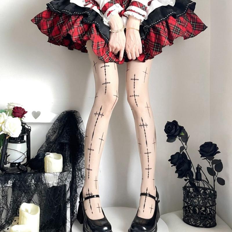 Gothic Style Mesh Tights With Edgy Crosses Motif Breathable Nylon For Women
