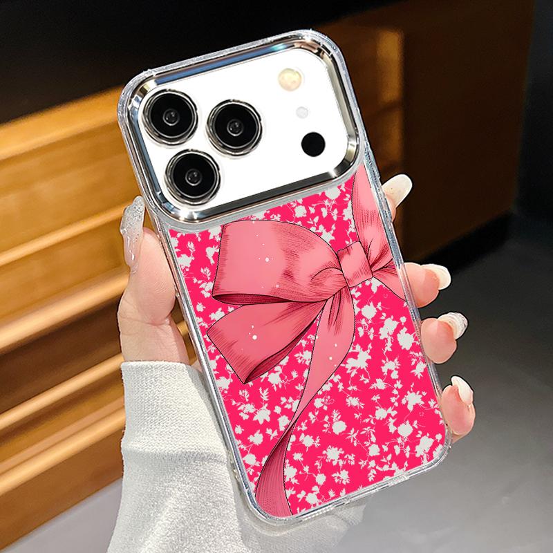 Cute Cartoon Bowknots Print Case For iPhone 17 Pro Max iPhone 16 15 14 13 Pro Max 11 17e 16e Plating Lens Frame Clear Soft Silicone Back Cover