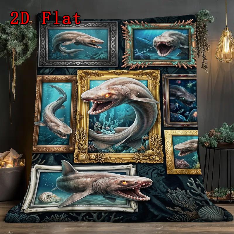 Prehistoric Sharks 2D Flat Pattern Flannel Blanket, High Quality All Seasons, Home Decor, Warmth and Comfort, Perfect for Christmas Gifts.