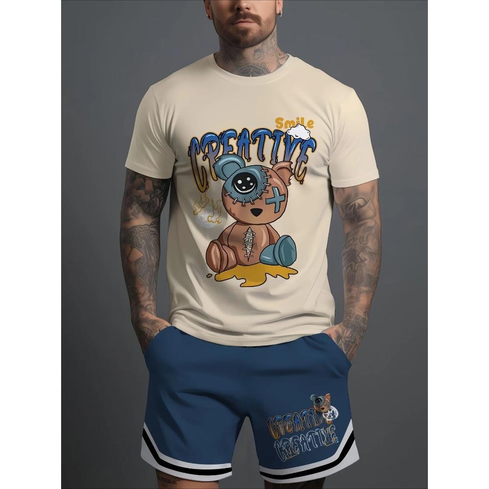 Summer Casual Short-Sleeve Fashionable Breathable Sports Set Loose Comfortable Soft Breathable Men's Bear Print Sport Wear
