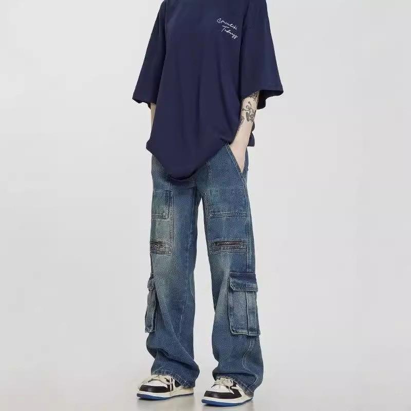 Men Women Vintage Washed Denim Cargo Pants Loose Straight Fit Streetwear Trousers With Multiple Pockets