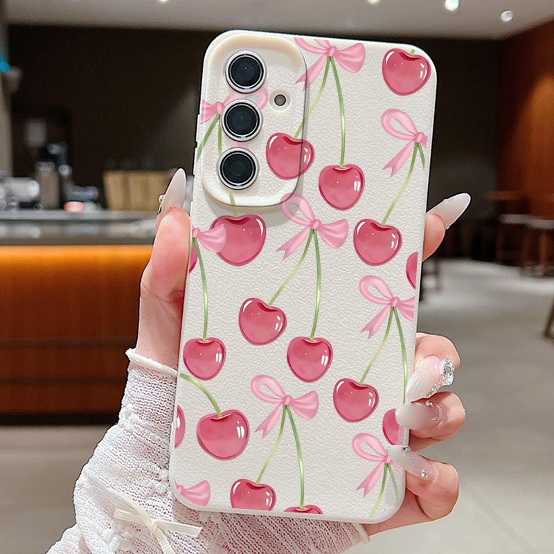 Crystal Cherry Fruits Bowknots Case For Samsung Galaxy A57 A37 A17 A56 A36 A26 A16 A55 A35 A25 A15 A54 5G S21 FE S22 S23 S24 Plus S25 Edge S26 Ultra
