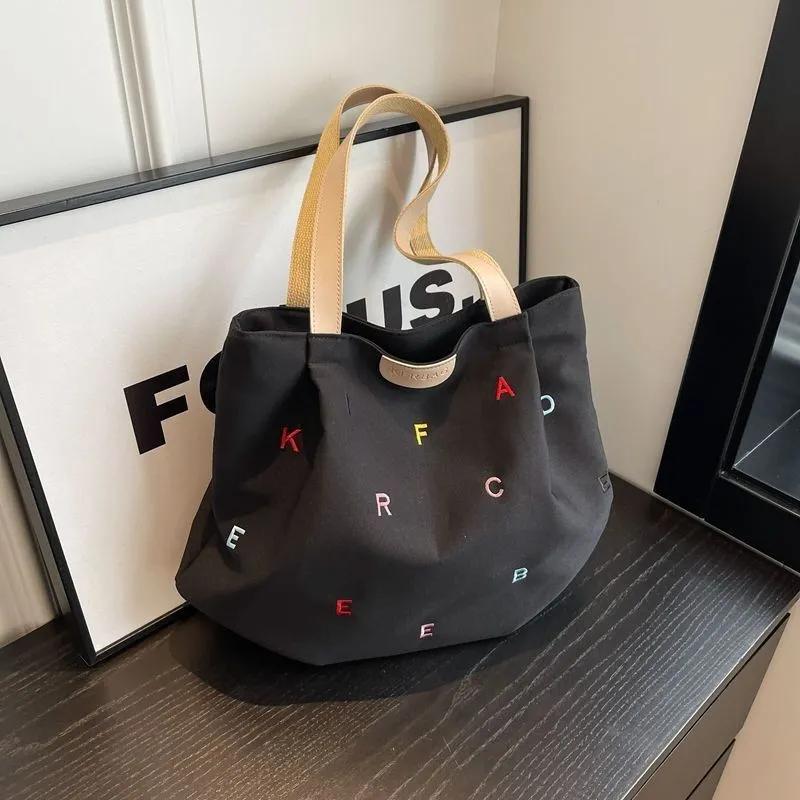 WTEMPO Large Capacity Canvas Bags for Women Trendy Embroidered Letter Tote Bags Casual Cute Student Single-shoulder Bags