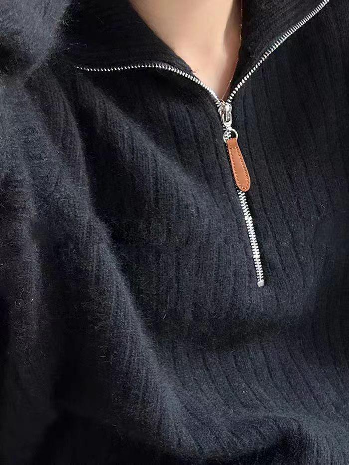2025 Autumn/Winter Women's Half-Zip 100% Pure Wool Sweater - Loose Slimming Elegant Base Layer Top