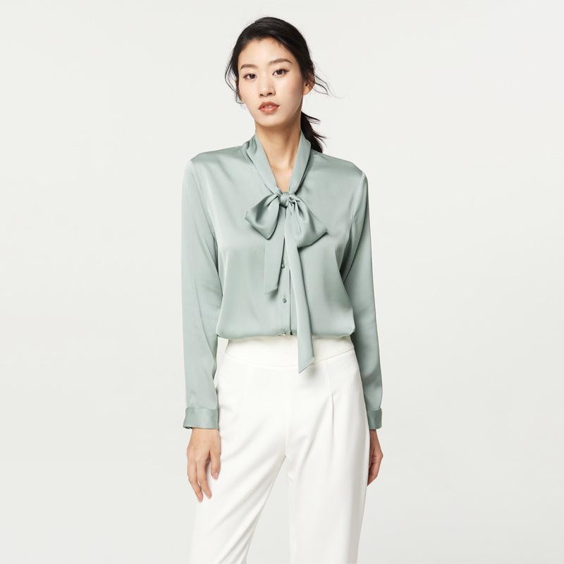 

Women s Long Sleeve Silk Blouse: Loose Fit, Bow Tie, Casual Cardigan Top L светло-зеленый
