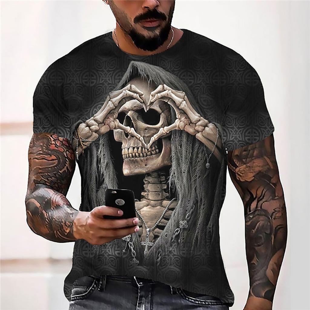 Trendy Men 3D Gothic Skull T-shirt Black Round Neck Short Sleeve Street Style Halloween Eye Catching Fashion Casual Top