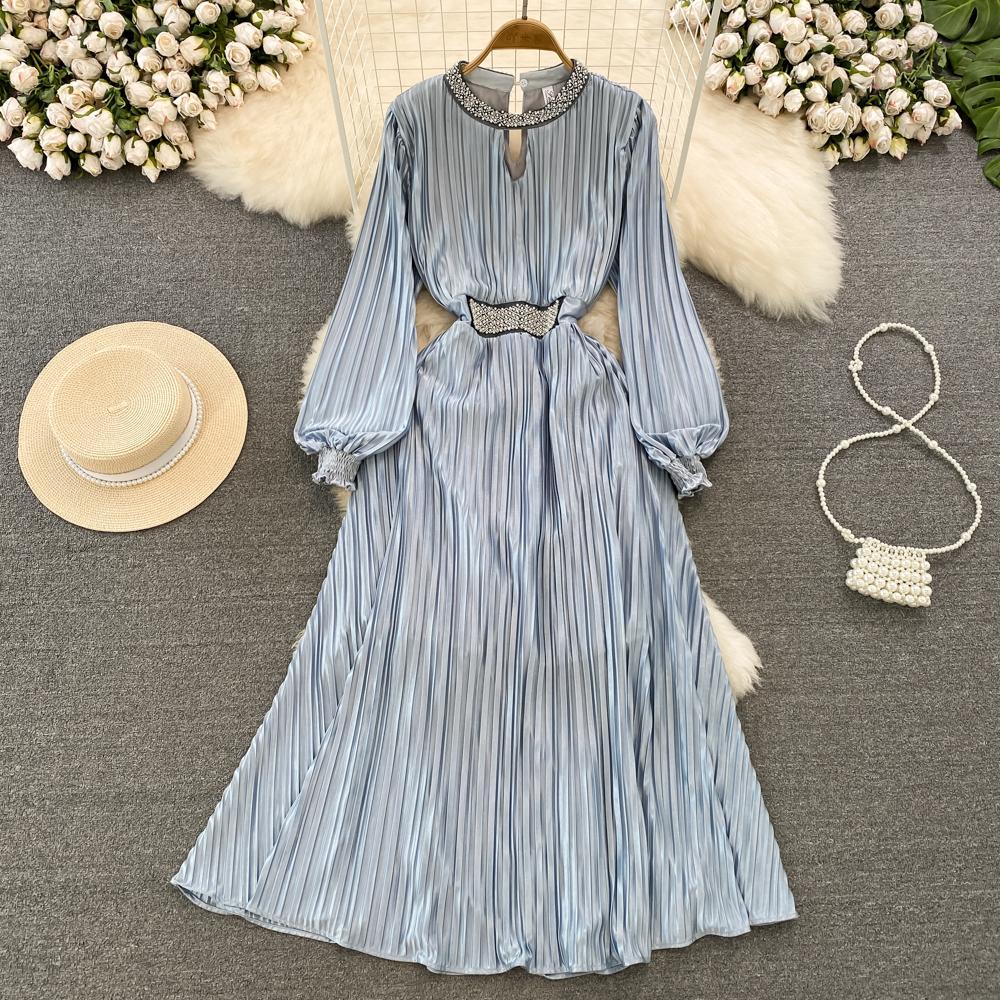 

Весна-літо Нові модні дизайнерські сукні для жінок з круглим вирізом і бісером, довгі плісировані вечірні повсякденні святкові сукні Y2k One Size сірий колір