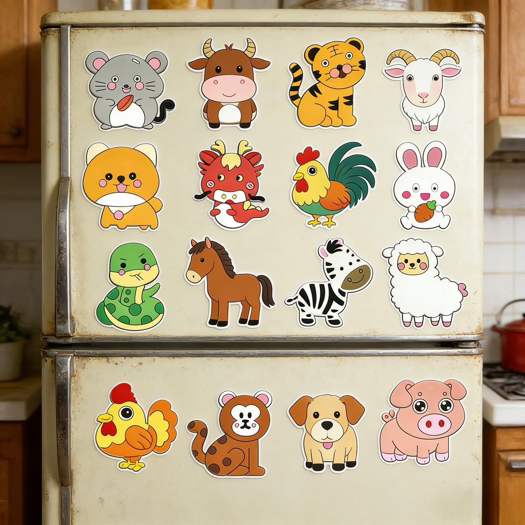 12pcs Cute Animal Fridge Magnets Set with Elephant, Giraffe,Cow, Sheep,Koala,Panda,Frog and so on - Soft Colorful Plastic Decor