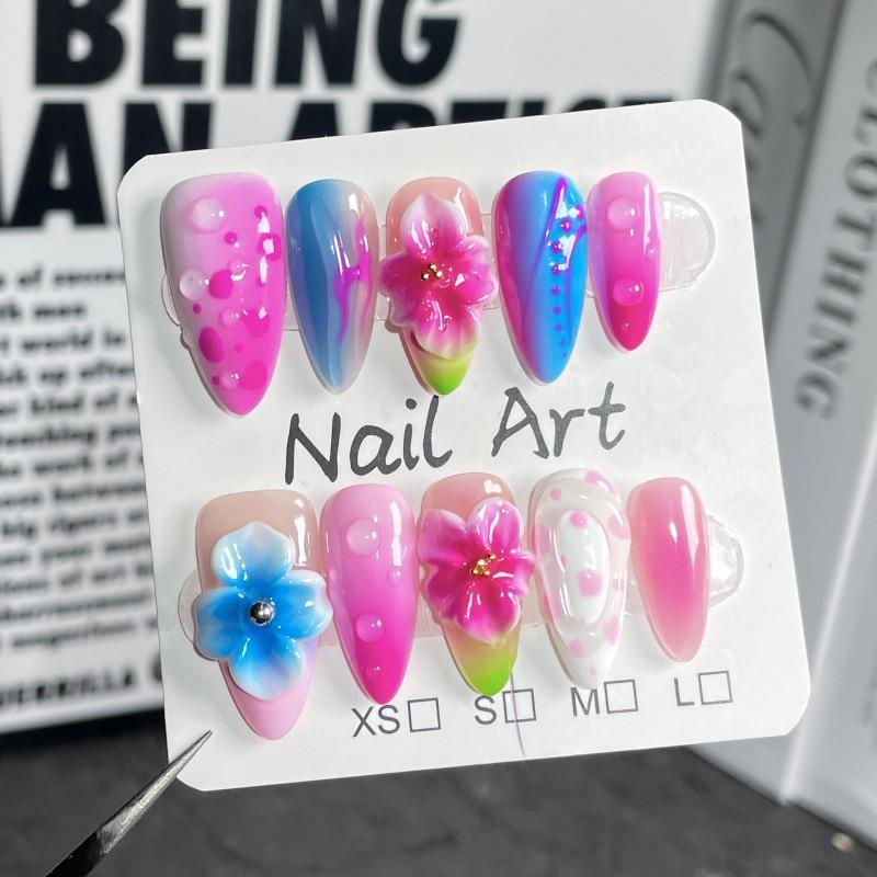 3D Floral Embossed Press-On Nails Wearable False With Blush Effect Women Extra Small