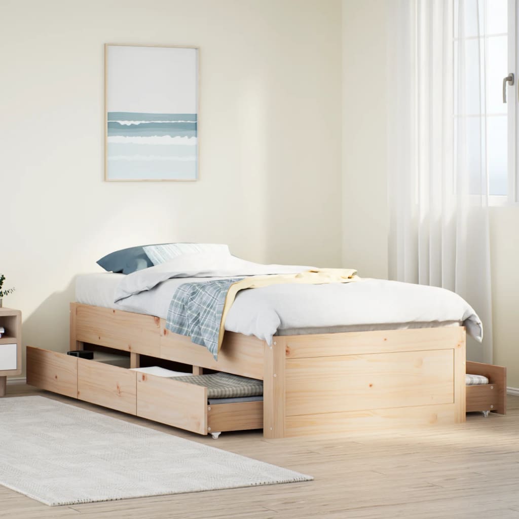 Solid Wood Bed Without Mattress with Drawers 75x190 Cm