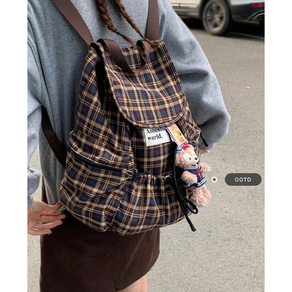 Korean Version of Casual Large-capacity Canvas Bag Women's 2025 New Plaid Backpack Fashion Student Bag Travel Backpack