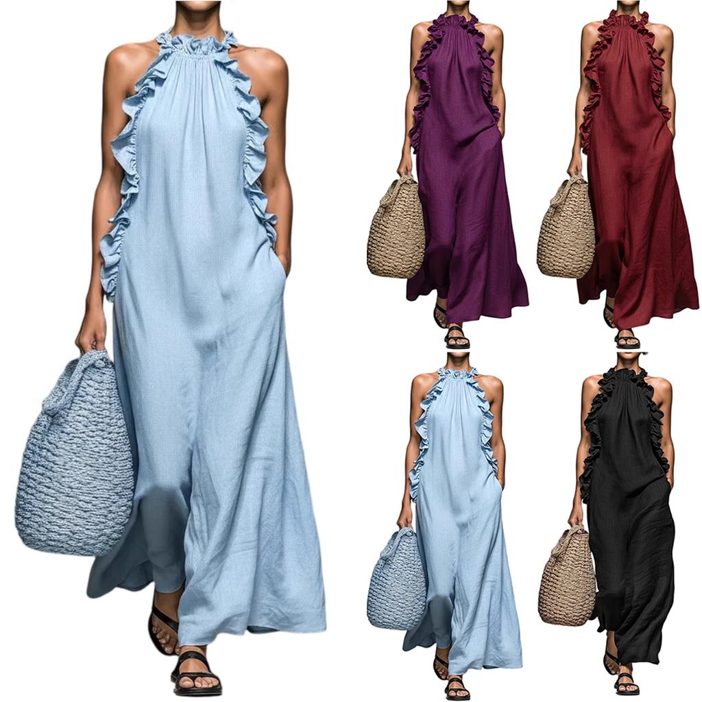 Sleeveless Ruffled Neck Maxi Dress Loose Fit Long Dress Lightweight Flowing Fabric Summer Style for Women