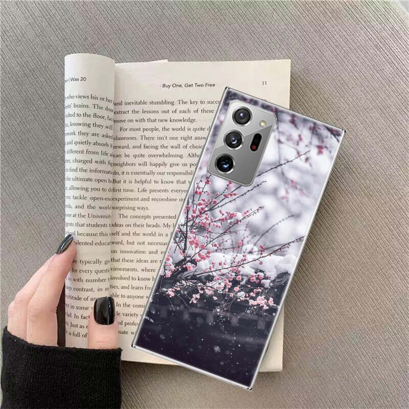 Snowy Peach Blossom Tree In Front of the House Phone Case For Samsung Galaxy S25 Edge S24 S23 FE S22 S26 Ultra S21 S20 S10 Plus